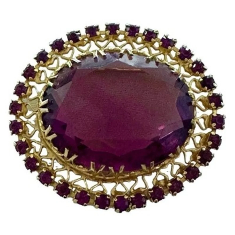 Vintage Brooch GoldTone Oval Purple Crystal Brooch Victorian Amethyst Pin Brooch